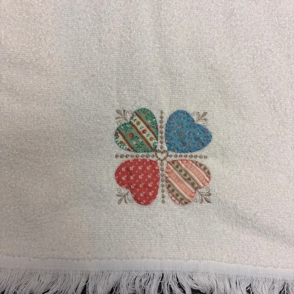 Vintage Cannon Hand Towel Set 2 Cream Embroidered Hearts Fringe Made in USA